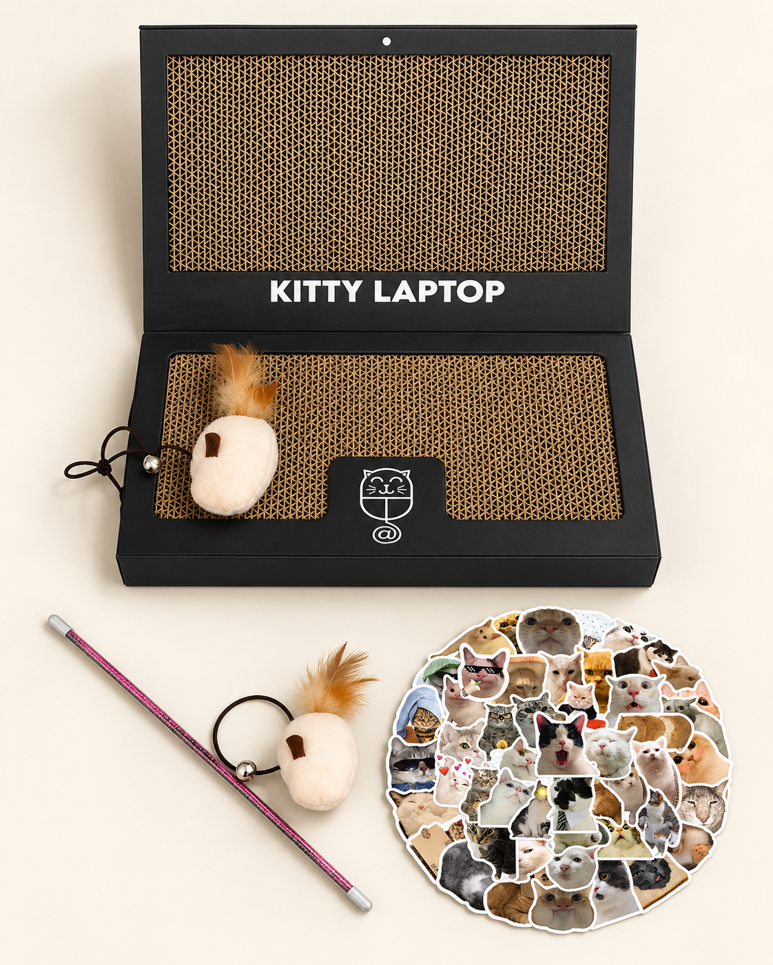 Kitty Laptop, plush mouse, detachable wand, and stickers flat lay